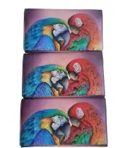 New Anuschka Purple LEATHER Wallet Tri Fold Parrot Tropical Bird Card HOLDER