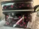 VICTORIA'S SECRET 4 PCS TRAIN CASE BLACK w/MINI HEARTS MAKEUP BAG GIFT SET