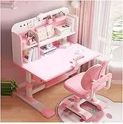 BAISEN Kids Desk and Chair Set, Ergonomic Soft Seats Children Study Table with Foot Pedal and Bookshelf, Pink