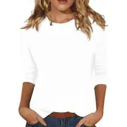 Women Casual T-shirt O-neck 3/4 Sleeve Pullover Tops Solid Color Slim Fit Tunic Tops Stretchy Tee Shirt Streetwear white M