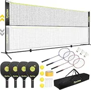 TYRSEN Portable Pickleball Badminton Net Set, 17FT Adjustable Heights All-in-One Net w/4 Pickleball Paddles 4 Badminton Rackets, Freestanding Pickleball Badminton Net for Backyard Driveway