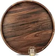 MAGIGO 26 Inches Extra Large Round Black Walnut Wood Ottoman Tray with Handles, Serve Tea, Coffee, Classic Circular Wooden Decorative Serving Tray