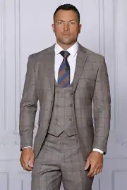NWT 50R TAUPE , PLAID MENS SUIT, TAILOR FIT, 2 SIDE VENT, FLAT FRONT PANTS,