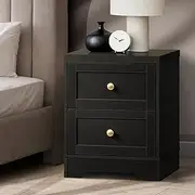 [OIKITURE] Bedside Table Wooden Nightstand with 2 Drawers Black