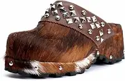 [XOBZJH] Platform Vintage Rivet Design Clogs for Women Wide with Arch Support – Natural Calf Hair & Leather Patchwork Upper, Leather-Lined Slip-On Mules for All Day Comfort