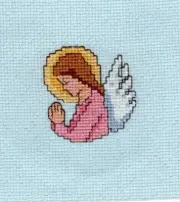 PINK ANGEL-Finished cross stitch on Iridescent Blue Fabric-Frame-Make Ornament
