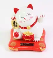 White Beckoning Fortune Happy Cat Maneki Neko Solar Toy Home Decor ,4.5”