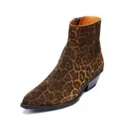 Occident Mens Real Leather Leopard Chelsea Runway Boots Shoes Pointy Toe Casual