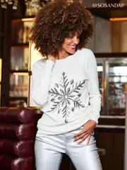 Sosandar Cream Snowflake Silver Sequin Jumper (Q76308) | $136