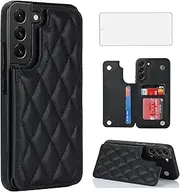 [Asuwish] Phone Case for Samsung Galaxy S21 FE 5G Wallet Cover with Screen Protector and Leather RFID Credit Card Holder Stand Cell Accessories S 21 EF S21FE5G UW S21FE 21S G5 6.4 inch Women Men Black