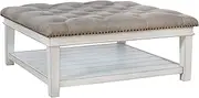 [Signature Design by Ashley] Kanwyn French Country Upholstered Square Ottoman Coffee Table, Whitewash