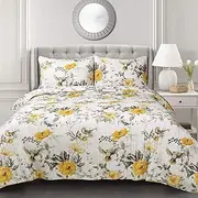 Lush Decor Penrose Floral 3 Piece Quilt Set, Full/Queen, Yellow & Gray