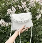 White Color Women Small Shoulder Bag Lace Crossbody Bag Pearl Strap Clutch Bag