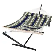 Hammocks Double Outdoor Hammock with Stand, Cotton Rope Two Person Blue& Gray