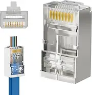 iwillink 50-Pack Shielded RJ45 Cat6 Pass-Through Connectors, STP Crimp Modular Plugs, 50U Gold-Plated, 3-Prong for Solid and Stranded Cable, 8P8C Design