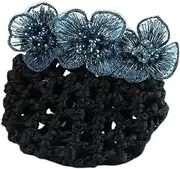 Blue Lace Embroidery Flower with Crystal Hair Net Barrette Elastic Hair Bun Cover Mesh Clip Thick Thin Hairnet Hair Accessories for Women (Blue, One size)