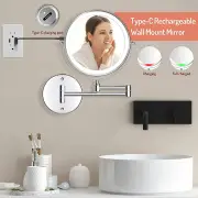 LED Makeup Mirror Wall Mounted 20cm 1X/10X Magnification 3 Color Lights Touch Screen Dimmable 360°Swivel 33 cm Extendable