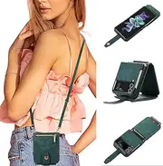 UEEBAI Crossbody Wallet Case for Samsung Galaxy Z Flip 3 5G, Card Slots Adjustable Crossbody Zipper Cover Detachable Lanyard Strap Flip Case with Hand Strap Kickstand Case - Retro Green