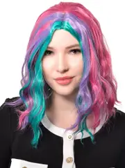 Mid Length Wavy Pink Purple and Teal Womens Costume Wig
