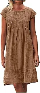 [Sinzelimin] Women's Cotton Linen Midi Dresses Fashion Front-Wrinkles Short Sleeve Crewneck Pleated Dress Beach Casual Sundress