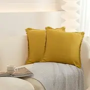 Set of 2 Decorative Linen Fringed Throw Pillow Cover, Cozy Cushion Covers with Tassel Soft Pillowcase Washed Cotton Pillowcase Cushion for Couch Sofa Farmhouse Living Room Bed Natural Decor 18x18 Inch