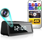 WiFi Spy Camera Alarm Clock – 4K Ultra HD Video Streaming, Wireless Live Monitoring, Motion Detection, IR Night Vision, Remote App Control, Rechargeable Battery – Discreet Home Surveillance Clock Cam