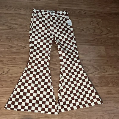New Free People Brown White Checkered Bell Bottoms Flare Pants sz 25 NWT