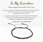 [Caiyao] To My Son Grandson/Son Hematite Wood Wooded Bead Morse Code Bracelet Adjustable Braided String Wristband Bracelet for Men Boy Men Girl Daughter Handmade Graduation Gift Inspirational Jewelry