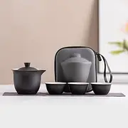 SHGarden Chinese Kung Fu Tea Set - Rough Pottery Elegant Asian Portable Travel Tea Infuser With Ceramic Cups for Tea Lovers SH0033 (Black)