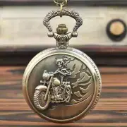 NEW Vintage Motorcycle w Skeleton Driver Bronze Quartz Pocket Watch & Chain 1.9w