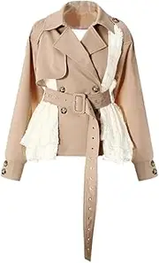 [Zadaos] Women's Blazer Jackets Turn Down Collar Double Breasted Contrast Color with Belt Suit Jackets