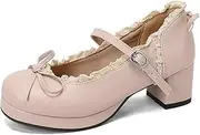 [AORUIDAT] Women Mary Jane Round Toe Mid Chunky Block Heel Pump PU Leather Bow Ankle Strap Low Heel Platform Pumps Shoes