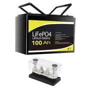 12V 100Ah LiFePO4 Battery + Bus Bar M8 Power Distribution Terminal Block (4 GANG 300A Black)