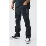Mens Washed Black Rigid Slim Flare Patchwork Applique Jeans