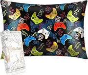 Miss Adola 1 Pack Kids Pillowcase - 30"x20" Queen Mulberry Silk Pillow Case for Hair and Skin 19 Momme Cute Cartoon Kawaii Fun Pillowcase for Teens Boys Girls, Black Game