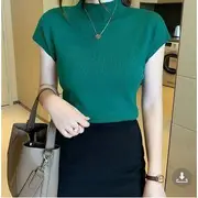Short-Sleeve High Neck Plain Knit Top Dark Green - One Size