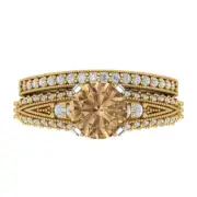 2.1 Round Cut Pave Champagne Stone Ring Band bridal Set 14k 2 Tone solid Gold