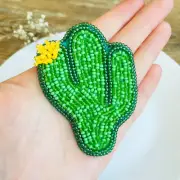 Cactus seed bead embroidery brooch, Beaded plant pin Handmade large funny brooch
