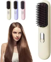 Sonicefit Cordless Hair Straightener Brush, Portable 30s Fast Heated Negative Ionic Hair Straightening Comb for Travel, Rechargeable Hot Comb Straightener and Curler 2-in-1, Hair Styling Tools, LED Display (Yellow)