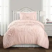 Lush Decor Serena Rouched Flower Vintage Chic Farmhouse 3 Piece Comforter Set, Twin XL, Blush