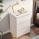 Bedside Table Bedroom Warm White Minimalist 3 Drawers Handle-Free Design 4 3D-47