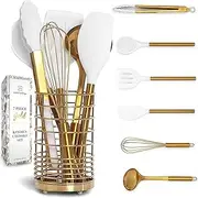 Gold Kitchen Utensils Set – 7-Piece White Silicone Cooking Tools with Gold Utensil Holder – Luxury Kitchen Accessories for Stylish Cooking and Serving, Ideal for Gifting