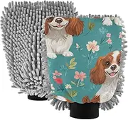 Cartoon Cute Cavalier King Spaniel Dogs Turquoise_2 Microfiber Car Wash Mitt Scratch Free Car Clean Gloves Car Wash Sponges