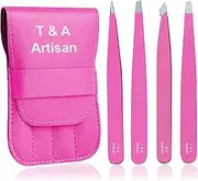 T&A Artisan Eyebrow Tweezers Stainless Steel Set - 4 Piece Professional Precision Tweezers for Eyebrows Facial Hair & Ingrown Hair Removal Splinter & Tick Remover False Eyelashes Tools for Men and Women (Pink)