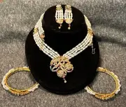 EXQUISITE INDIAN BRIDAL KUNDAN CRYSTAL NECKLACE EARRINGS BANGLES JEWELRY SET