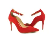 Vince Camuto Jassita Cherry Red Suede Jeweled Pearl Ankle Strap Pump Heel 6.5