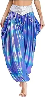 [TiaoBug] Women Metallic Belly Dance Pants Chains Indian Tribal Arabic Pants Loose Bloomers Harem Bling Trousers