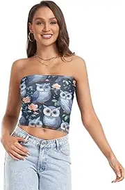 [RPLIFE] Funny Owls Flowers Womens Tube Top, Strapless Top for Women Summer, Mesh Tube Tops, Trendy Crop Tops (S)