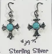 Solid Sterling Silver Turquoise Cross Earrings With French Hooks