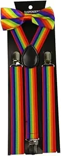 LIFKOME Rainbow Striped Elastic Suspender Set 3pcs Unisex Suspenders Bow Tie for Party Birthday Costume